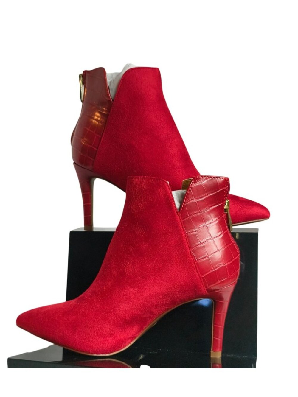Rouge 6 Stiletto Ankle Bootie Red Eloise Faux Suede Croc Designer Glamorous Edgy
